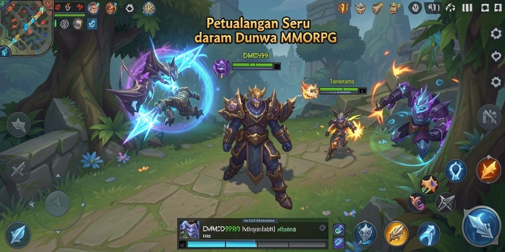 Screenshot DMD999 menunjukkan pertempuran epik di dunia MMORPG.