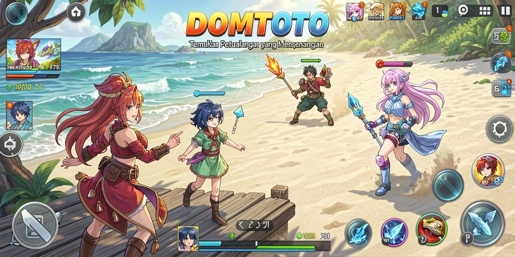Screenshot gameplay DOMTOTO yang penuh warna dan karakter anime menarik.
