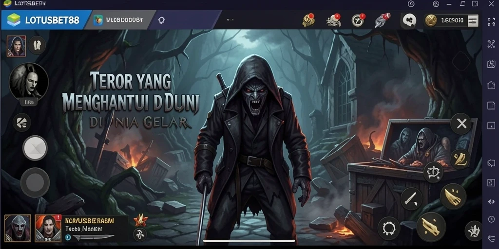 Tampilan gameplay LOTUSBET88 dengan suasana mencekam dan atmosfer horor.