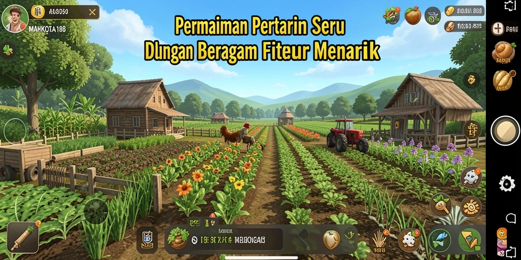 Tampilan gameplay <strong>MAHKOTA188</strong> yang menarik dengan lahan pertanian berwarna-warni.