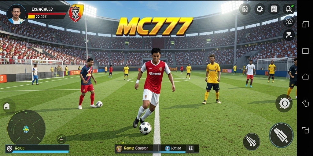 Screenshot gameplay MC777 menunjukkan aksi mendebarkan di lapangan sepak bola.
