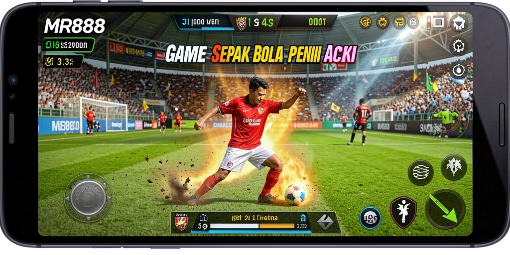 Screenshot utama MR888 menampilkan aksi seru di lapangan sepak bola.