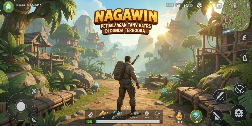 Screenshot gameplay NAGAWIN menunjukkan petualangan seru dan pemandangan menakjubkan.