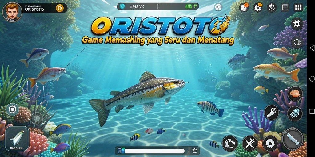 Tampilan gameplay ORISTOTO yang menampilkan memancing di lautan yang indah.