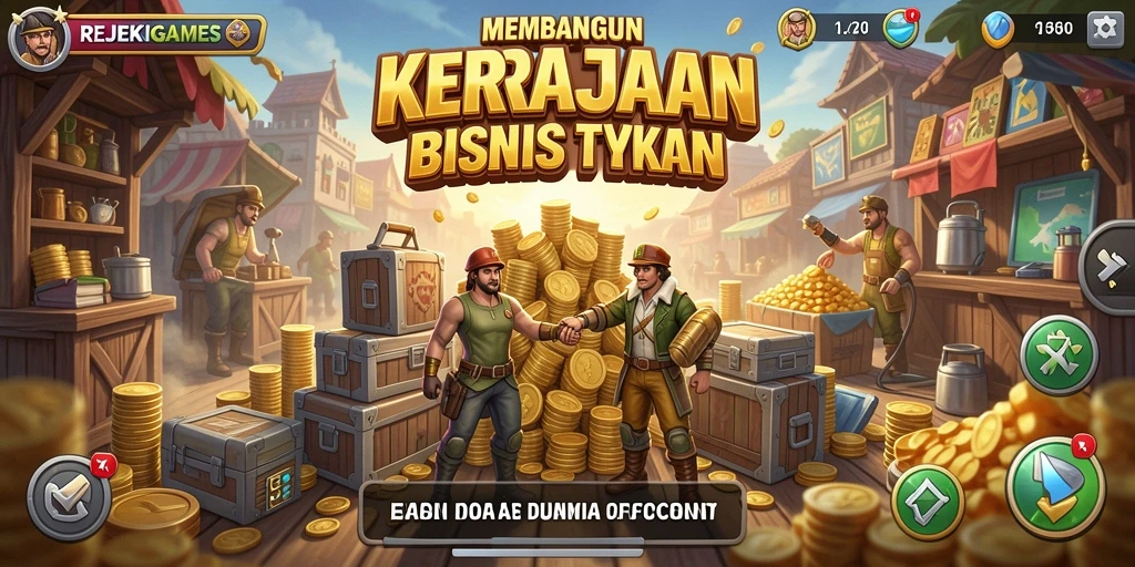 Tampilan gameplay <strong>REJEKIGAMES</strong> yang menunjukkan aktivitas pengelolaan bisnis.