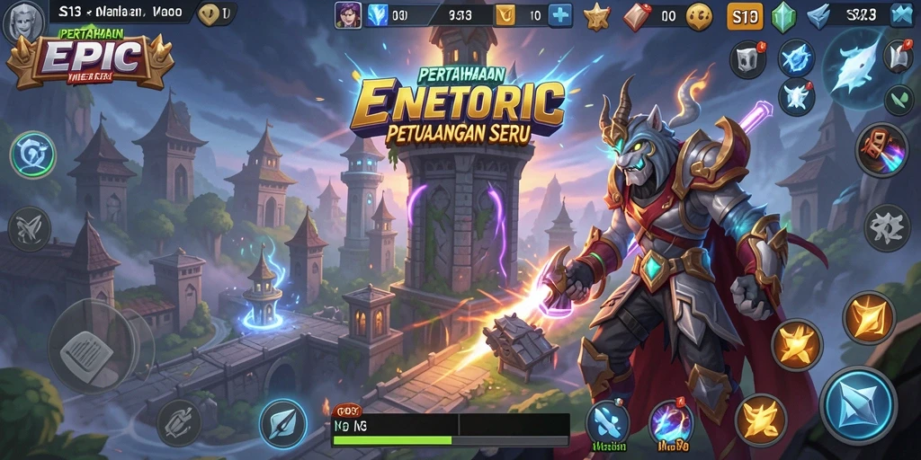 Screenshot gameplay S13 menampilkan serangan menara dalam aksi melawan musuh.