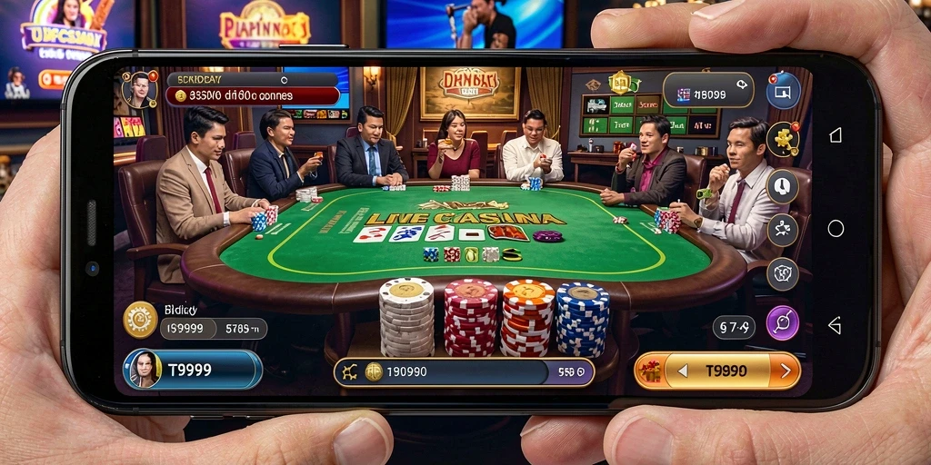 Screenshot gameplay T9999 yang menunjukkan dealer langsung dan interaksi pemain.