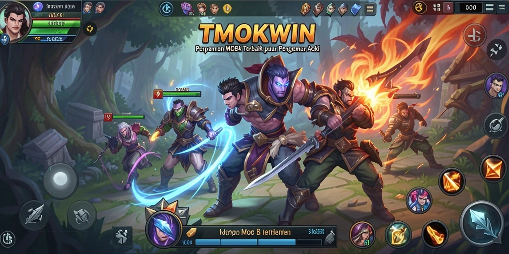Tangkapan layar gameplay TMOKWIN yang menampilkan aksi seru dalam pertarungan tim.