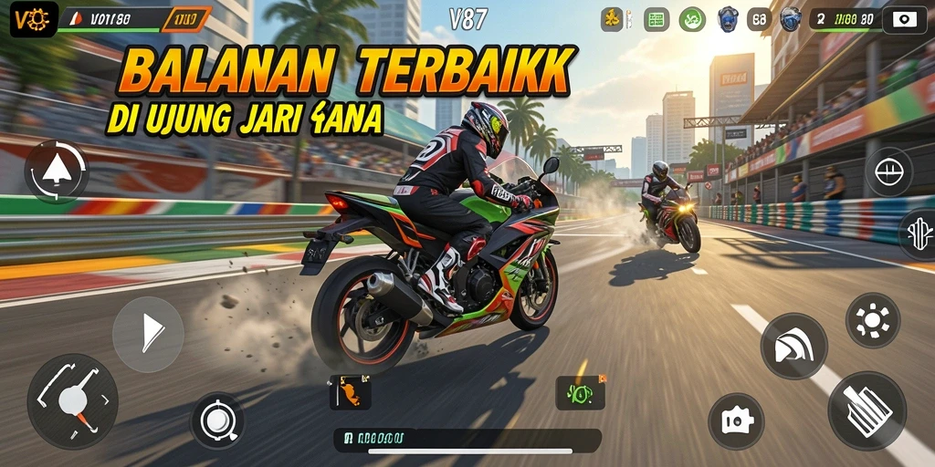Screenshot V87 menunjukkan aksi balapan motor yang intens dan mendebarkan.